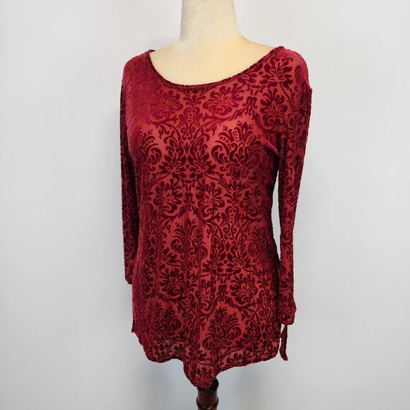 Cato Burnout Velvet Blouse Top Womens Medium Red Paisley 3/4 Sleeve Stretchy - Picture 1 of 13
